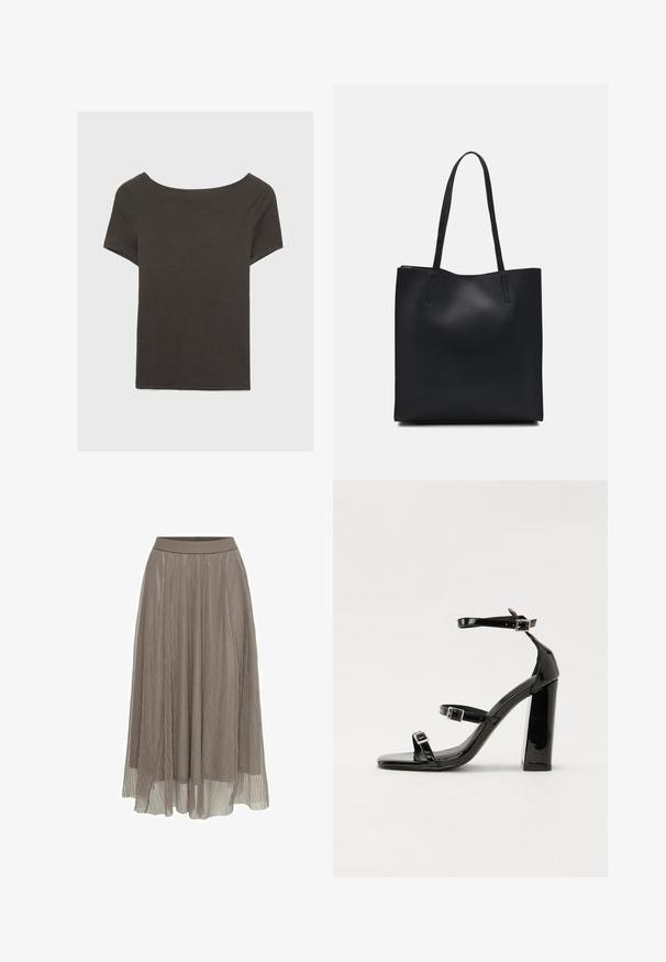 Top corto grigio scuro con scollatura a barca. Realizzato in tessuto a costine, presenta una vestibilità rilassata e un orlo pulito. Design semplice, senza motivi.; Gonna maxi plissettata in taupe, con una vita liscia e una silhouette fluida. Realizzata in materiale leggero e trasparente con una fine texture.; Sandali con tacco in vernice nera, con punta squadrata, cinturini alla caviglia e fibbie in argento. Presentano un tacco a blocco spesso per maggiore stabilità.; Borsa tote in pelle nera con texture liscia, forma rettangolare e due manici lunghi. Nessun hardware o decorazione visibile.