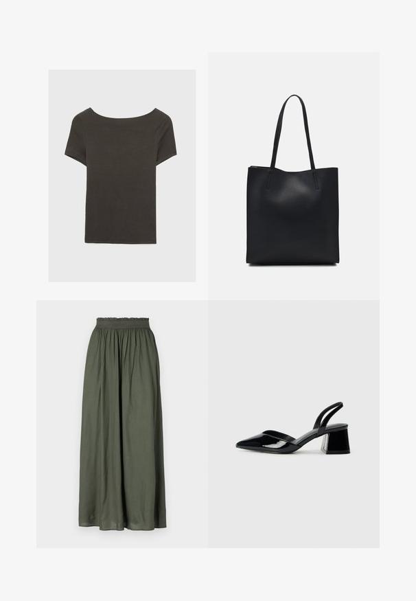 Tummanharmaa lyhythihainen paita, jossa on venepääntie. Valmistettu ribbikankaasta, jossa on rento istuvuus ja siisti helmaviimeistely. Yksinkertainen muotoilu, ilman kuvioita.; Tummanvihreä maxihame, joka on valmistettu kevyestä kankaasta. Hameessa on kerätty joustovyötärö ja virtaava muotoilu, jossa on laskoksia.; Mustat patentoitu nahkakengät, joissa on säären takaosa ja terävä kärki, sekä geometrinen palikkakorko. Sisältää tyylikkään, minimalistisen muotoilun ja sileän pinnan.; Mustapahkainen kangaskassi, jossa on sileä pinta, suorakaiteen muotoinen ja kaksi pitkää kahvaa. Ei näkyvää metalliosaa tai koristeita.