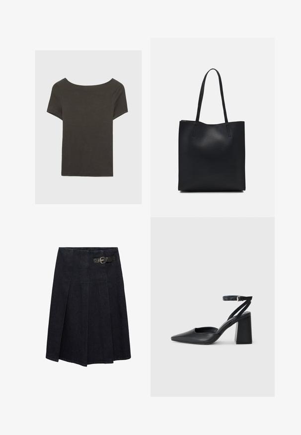 Czarna szara bluzka z krótkim rękawem i dekoltem w kształcie łódki. Wykonana z prążkowanej tkaniny, ma luźny krój i czyste wykończenie. Prosty design, bez wzorów.; Czarna dżinsowa spódnica z dopasowanym pasem, z bocznym zapięciem, w fałdzistym designie i lekko rozkloszowanym kroju. Detale szwów na całej powierzchni.; Czarne skórzane czółenka z ostrym noskiem, z paskiem na kostce i grubym obcasem. Gładka faktura, elegancki design i minimalistyczna estetyka.; Czarna skórzana torba tote o gładkiej fakturze, prostokątnym kształcie i dwóch długich uchwytach. Brak widocznych elementów metalowych i ozdób.