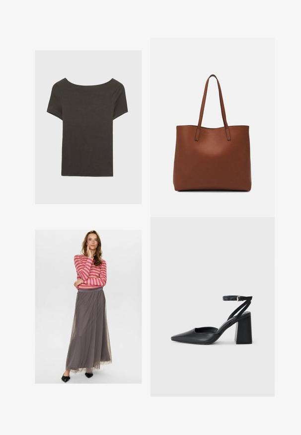 Temno siva kratka majica s čolnasto izrezom. Narejena iz rebraste tkanine, ki ima sproščen kroj in čist rob. Preprost dizajn, brez vzorcev.; Nümph NUEA - Dolgo krilo - dark shadow; Črne usnjene klasične čevlje z ostrim nosom, z zaponko za gleženj in debelim peto. Ravna tekstura, eleganten dizajn in minimalistična estetika.; Rjava usnjena torba z gladko teksturo, odprto zasnovo zgoraj in dvema naramnima trakovoma. Opremljena je z minimalnim šivanjem in brez vidnih kovinskih delov.