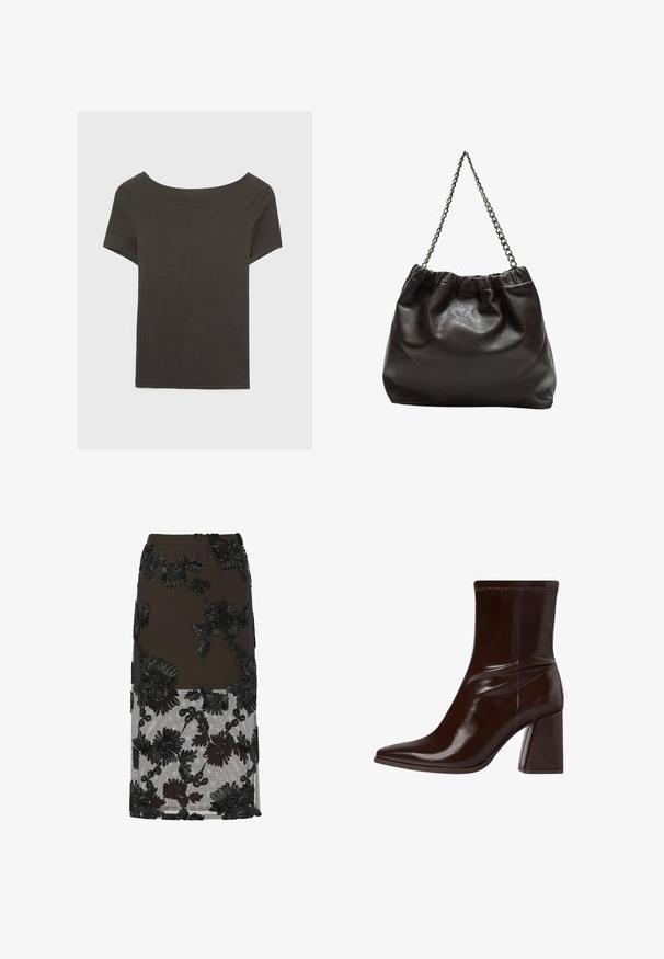 Dunkelgraues Kurzarmoberteil mit Bootsausschnitt. Hergestellt aus geripptem Stoff, mit lockerer Passform und sauberem Saum. Einfaches Design, ohne Muster.; Schwarzer Bleistiftrock mit transparentem unteren Teil, verziert mit filigranem, floralen Spitzenapplikationen und einem strukturierten Taillenband.; Braune Lackleder-Stiefelette mit spitzem Zehenbereich, elastischem Knöchel und blockartigem Absatz. Elegantes Design mit glatter Textur.; Braune Lederhandtasche mit gerafftem Oberteil und Kettenriemen. Glatte Textur mit glänzendem Finish und subtilen Nahtdetails an den Seiten.