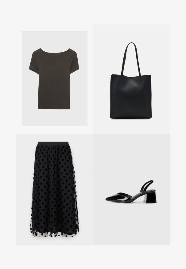 Temno siva kratka majica s čolnasto izrezom. Narejena iz rebraste tkanine, ki ima sproščen kroj in čist rob. Preprost dizajn, brez vzorcev.; Črna tila krila z velikimi črnimi pikami, elastičnim pasom, plastično zasnovo in prosojno teksturo s trdnim robom.; Črne lakirane slingback pete s koničastim nosom in geometrijsko blokasto peto. Imajo eleganten, minimalističen dizajn in gladko teksturo.; Črna usnjena torba s svilnato teksturo, pravokotne oblike in dvema dolgima ročajema. Brez vidnih metalnih delov ali okrasnih elementov.