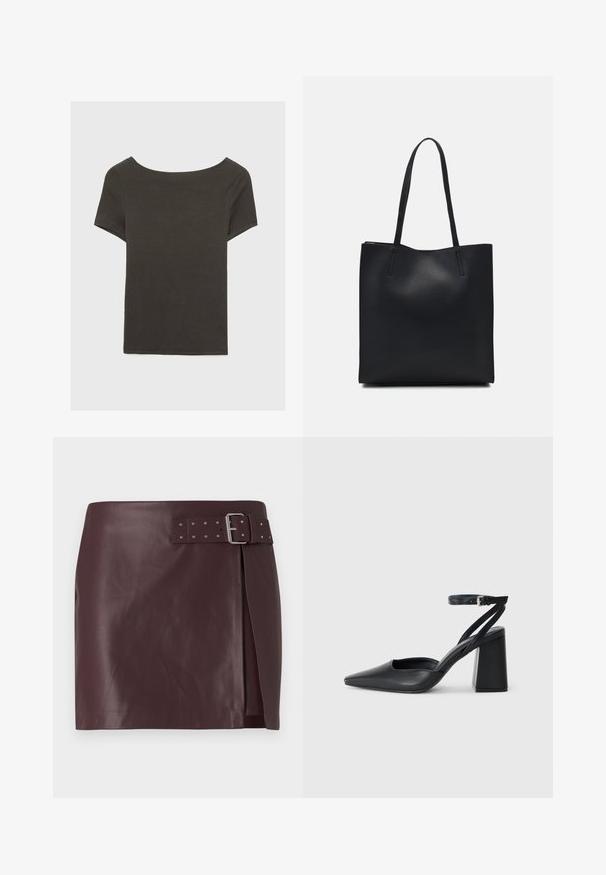 Mørkegrå kortærmet top med bådudskæring. Lavet af ribbet stof, med en afslappet pasform og en ren kant. Enkelt design, ingen mønstre.; Burgundy faux læderskirt med belted talje og metalspænde, har en sidelæg og en glat, poleret tekstur.; Sort læder spidse pumps med ankelrem og en chunky hæl. Flad tekstur, slankt design og minimalistisk æstetik.; Sort læder tote taske med glat tekstur, rektangulær form og to lange hanke. Ingen synlig hardware eller udsmykninger.
