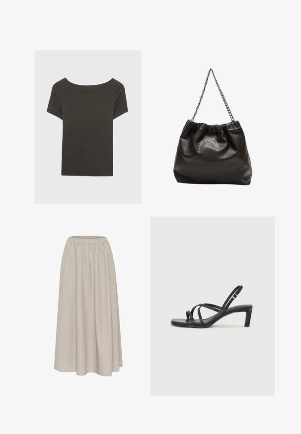 Tmavě šedý top s krátkým rukávem a lodičkovým výstřihem. Vyrobený z ribovaného materiálu, s volnějším střihem a čistým lemem. Jednoduchý design, bez vzorů.; Světlá šedá midi sukně s elastickým pasem, s jemnými vertikálními pruhy a tekoucí, měkkou strukturou.; Černé sandály na tenkém podpatku se čtveratou špičkou a nízkým blokovým podpatkem. Mají několik tenkých popruhů a nastavitelné zapínání okolo kotníku. Vyrobeny z hladké kůže.; Hnědá kožená taška se sbíraným vrškem a řetízkovým popruhem. Hladký povrch s lesklým finišem a jemným švem na bocích.