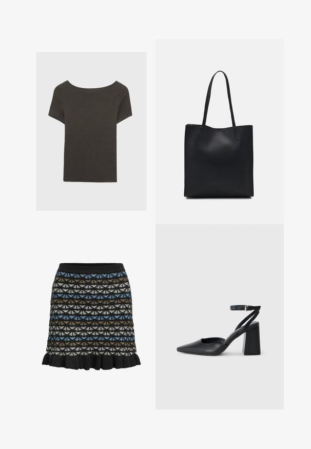 Haut à manches courtes gris foncé avec un col bateau. Fabriqué en tissu côtelé, il présente une coupe décontractée et un ourlet propre. Design simple, sans motifs.; Jupe tricotée avec un motif géométrique en noir, bleu, brun et blanc, avec un ourlet volanté et une taille élastique.; Escarpin noir en cuir à bout pointu avec une bride de cheville et un talon épais. Texture lisse, design élégant et esthétique minimaliste.; Sac fourre-tout en cuir noir avec une texture lisse, de forme rectangulaire et deux longues poignées. Pas de matériel ou d'ornementations visibles.