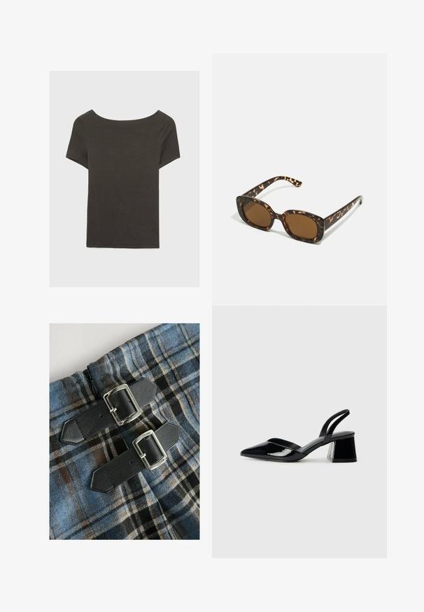 Dunkelgraues Kurzarmoberteil mit Bootsausschnitt. Hergestellt aus geripptem Stoff, mit lockerer Passform und sauberem Saum. Einfaches Design, ohne Muster.; Karierter Stoff in Blau, Braun und Schwarz, mit zwei schwarzen Kunstledergurten und silbernen Schnallen in der Taille. Sichtbarer Reißverschluss.; Schwarze Lackleder-Slingback-High Heels mit spitzem Schuh und einem geometrischen Blockabsatz. Verfügt über ein schlankes, minimalistisches Design und eine glatte Textur.; Schildpatt-Sonnenbrille mit einem runden, klobigen Rahmen und braunen Gläsern. Verfügt über dezente Muster und gerade, zulaufende Bügel.; Beige Handtasche aus weichem Material, mit einem lässigen Design, gesteppten Details und zwei Schulterriemen. Geeignet für den täglichen Gebrauch.