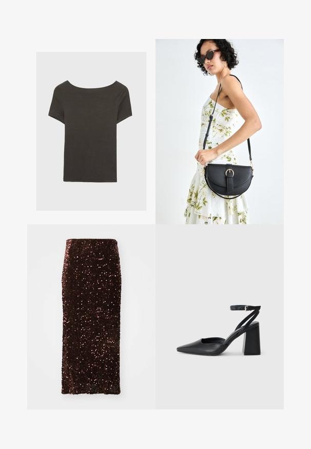 Tmavošedý top s krátkym rukávom a lodičkovým výstrihom. Vyrobený z rebrovanej látky, s voľným strihom a čistým lemovaním. Jednoduchý dizajn, bez vzorov.; Hnedá maxi sukňa so sequinami s priliehavým strihom, s hladkým povrchom a elastickým pásom, zdobená reflexnými sequinami po celej ploche.; Čierne kožené lodičky s špicatou špičkou a členkovým remienkom, s masívnym podpätkom. Hladký povrch, elegantný dizajn a minimalistická estetika.; Čierna kožená kabelka s zaobleným tvarom, odnímateľným popruhom a zlatými doplnkami. Kabelka má klopu s detailom s prackou.
