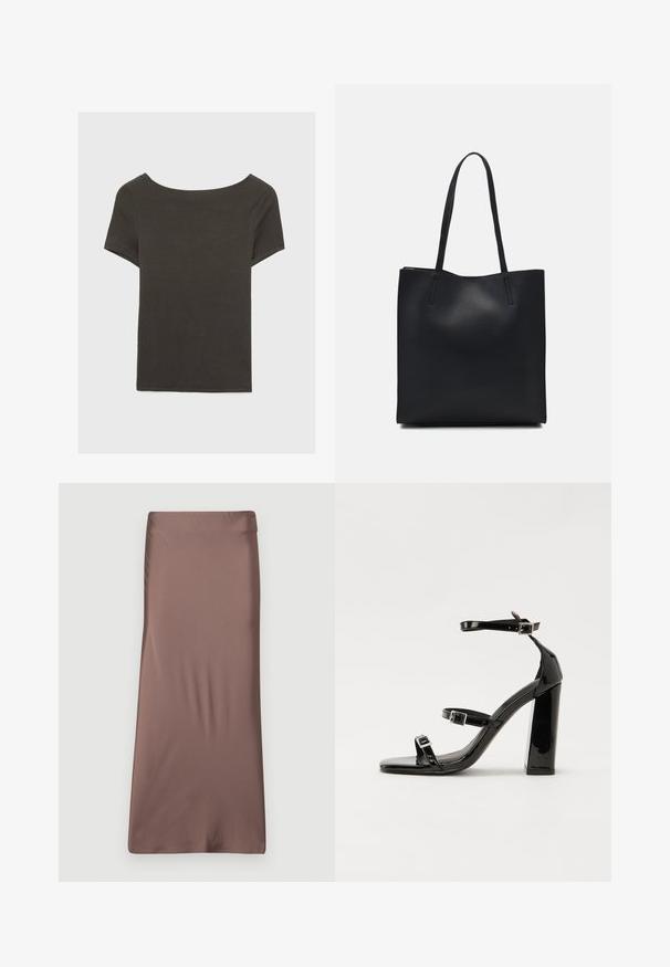 Tmavě šedý top s krátkým rukávem a lodičkovým výstřihem. Vyrobený z ribovaného materiálu, s volnějším střihem a čistým lemem. Jednoduchý design, bez vzorů.; Hnědá saténová midi sukně s hladkým povrchem, přiléhavým střihem a páskem v pase. Žádné viditelné vzory ani akcenty.; Černé lakované sandály na podpatku se čtveratou špičkou, lýtkovými pásky a stříbrnými přezkami. Disponují masivním blokovým podpatkem pro stabilitu.; Černá kožená taška přes rameno s hladkým povrchem, obdélníkovým tvarem a dvěma dlouhými uchy. Žádné viditelné kování ani ozdoby.
