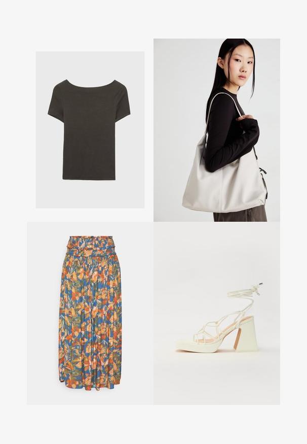 Mörkgrå kortärmad topp med båthals. Tillverkad av ribbad tyg, med avslappnad passform och ren fåll. Enkelt design, inga mönster.; Blommig maxikjol med en samlad midja, prydd med livfulla mönster i orange, grönt och blått. Lättviktig tyg med veckad struktur.; Vit högklackad sandal med en kraftig klack, med ett remdesign och ankelband. Slät textur med en plattform framtill för ökad höjd.; Beige handväska tillverkad av mjukt material, med en avslappnad design, sydda detaljer och två axelremmar. Lämplig för dagligt bruk.