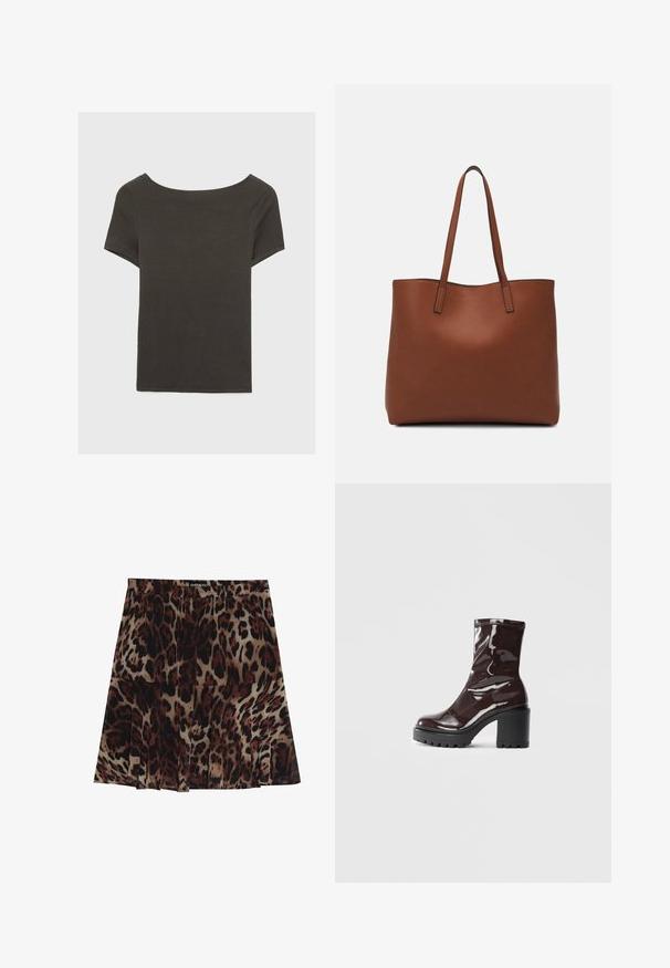 Dunkelgraues Kurzarmoberteil mit Bootsausschnitt. Hergestellt aus geripptem Stoff, mit lockerer Passform und sauberem Saum. Einfaches Design, ohne Muster.; Leopardenmuster Midi-Rock mit plissiertem Design, in einer sandfarbenen Grundfarbe mit dunkelbraunen und schwarzen Flecken. Elastischer Taillenbund für eine optimale Passform.; Glatte bordeauxrote Ankle Boots mit einem klobigen schwarzen Absatz, die eine glatte Oberfläche und ein einfaches Design aufweisen. Keine sichtbaren Verschlüsse oder Muster.; Braune Leder-Tote mit glatter Textur, offenem Oberteil und zwei Schulterriemen. Verfügt über minimale Nähte und keine sichtbaren Beschläge.