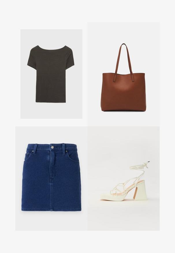 Temno siva kratka majica s čolnasto izrezom. Narejena iz rebraste tkanine, ki ima sproščen kroj in čist rob. Preprost dizajn, brez vzorcev.; Jeans krilo v globoko modri barvi z oprijetim načinom, sprednjim zapenjanjem na gumbe in dvema stranskima žepoma. Ima vidne šive in ravno obrobo.; Bela sandala na visokih petah s debelim petam, ki ima obliko trakcev in vezanje okoli gležnja. Gladka tekstura z platformo spredaj za dodatno višino.; Rjava usnjena torba z gladko teksturo, odprto zasnovo zgoraj in dvema naramnima trakovoma. Opremljena je z minimalnim šivanjem in brez vidnih kovinskih delov.