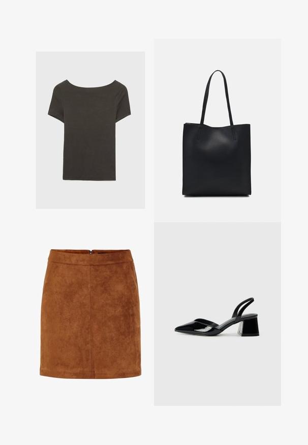Dunkelgraues Kurzarmoberteil mit Bootsausschnitt. Hergestellt aus geripptem Stoff, mit lockerer Passform und sauberem Saum. Einfaches Design, ohne Muster.; Brauner Wildleder-Minirock aus glattem Material, mit geradem Schnitt und unsichtbarem Reißverschluss auf der Rückseite. Mit Nahtdetails für mehr Struktur.; Schwarze Lackleder-Slingback-High Heels mit spitzem Schuh und einem geometrischen Blockabsatz. Verfügt über ein schlankes, minimalistisches Design und eine glatte Textur.; Schwarze Laptoptasche aus Leder mit glatter Textur, rechteckiger Form und zwei langen Griffen. Keine sichtbaren Beschläge oder Verzierungen.