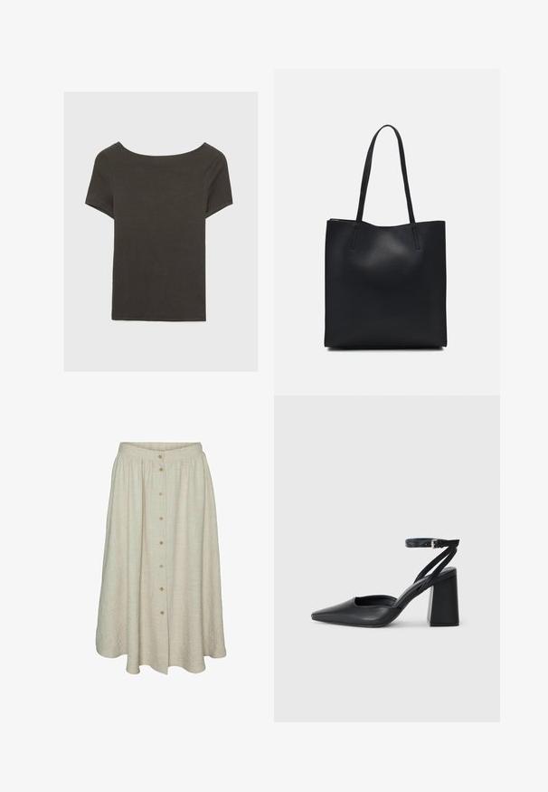 Dunkelgraues Kurzarmoberteil mit Bootsausschnitt. Hergestellt aus geripptem Stoff, mit lockerer Passform und sauberem Saum. Einfaches Design, ohne Muster.; Beige knielange Rock aus strukturiertem Stoff mit Knopfleiste, elastischem Bund und fließendem Design.; Schwarze Leder-Pumps mit spitzer Zehe, einem Knöchelriemen und einem blockigen Absatz. Flache Textur, elegantes Design und minimalistische Ästhetik.; Schwarze Laptoptasche aus Leder mit glatter Textur, rechteckiger Form und zwei langen Griffen. Keine sichtbaren Beschläge oder Verzierungen.