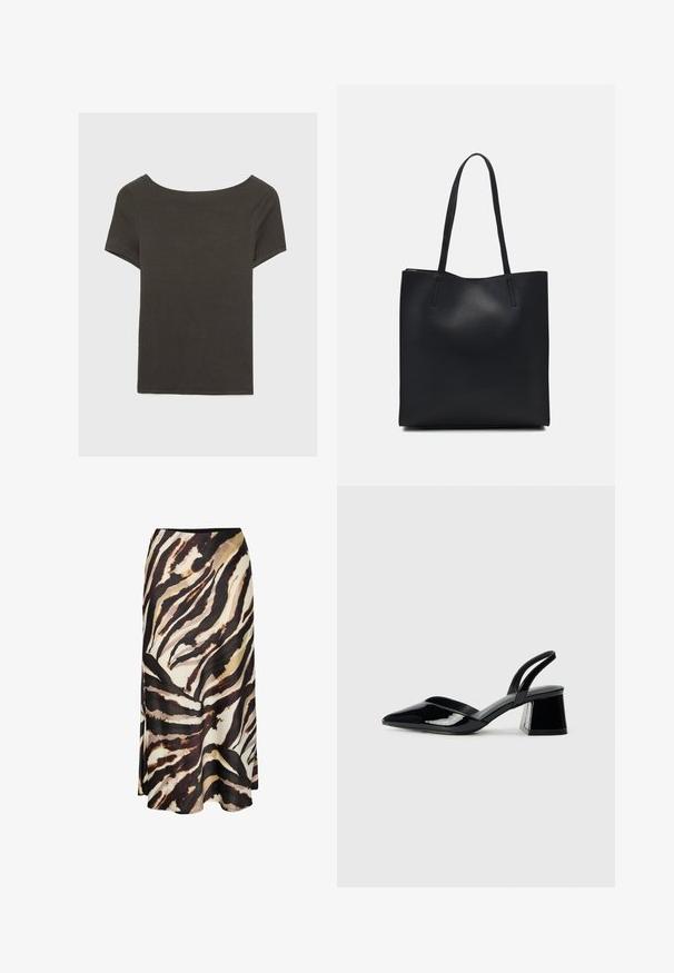 Dunkelgraues Kurzarmoberteil mit Bootsausschnitt. Hergestellt aus geripptem Stoff, mit lockerer Passform und sauberem Saum. Einfaches Design, ohne Muster.; Lange Rock aus leichtem Stoff mit einem auffälligen, abstrakten Tierdruckdesign in Braun, Schwarz und Creme. Der Rock hat eine glatte Textur und reicht bis zum Knöchel.; Schwarze Lackleder-Slingback-High Heels mit spitzem Schuh und einem geometrischen Blockabsatz. Verfügt über ein schlankes, minimalistisches Design und eine glatte Textur.; Schwarze Laptoptasche aus Leder mit glatter Textur, rechteckiger Form und zwei langen Griffen. Keine sichtbaren Beschläge oder Verzierungen.