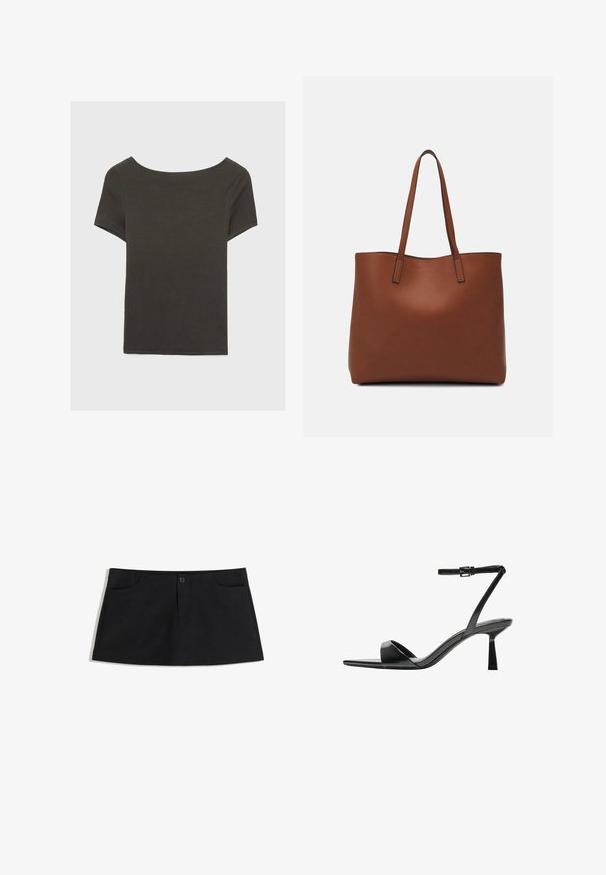 Tmavošedý top s krátkym rukávom a lodičkovým výstrihom. Vyrobený z rebrovanej látky, s voľným strihom a čistým lemovaním. Jednoduchý dizajn, bez vzorov.; Čierna sukňa po kolená vyrobená z jemnej tkaniny. Má dve predné vrecká a jednoduché zapínanie na gombík v páse.; Bershka Sandále na vysokom opätku - black; Hnedá kožená taška na rameno s hladkou textúrou, otvoreným vrchom a dvoma ramenými popruhmi. Má minimálne šitia a žiadne viditeľné kovania.