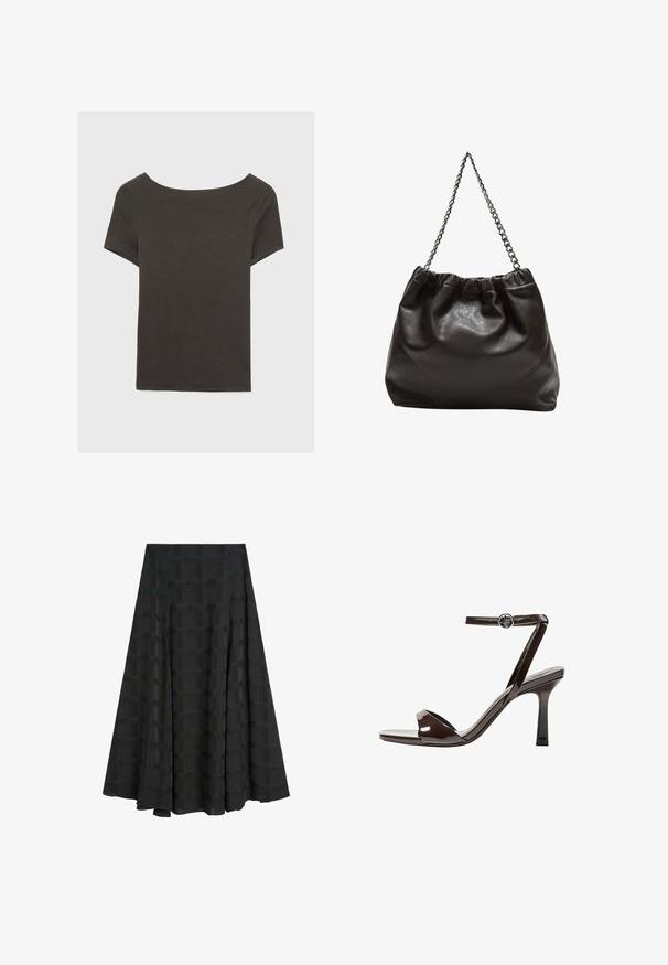 Dunkelgraues Kurzarmoberteil mit Bootsausschnitt. Hergestellt aus geripptem Stoff, mit lockerer Passform und sauberem Saum. Einfaches Design, ohne Muster.; Schwarzer plissierter Rock aus strukturiertem Stoff mit einem Gittermuster. Das Design ist knöchellang und hat eine fließende Silhouette.; Braune Lackleder-High-Heelsandale mit einem Knöchelriemen, offener Zehenpartie und einem schlanken, minimalistischen Design. Verfügt über einen quadratischen Absatz.; Braune Lederhandtasche mit gerafftem Oberteil und Kettenriemen. Glatte Textur mit glänzendem Finish und subtilen Nahtdetails an den Seiten.