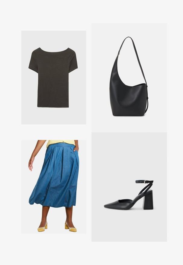 Temno siva kratka majica s čolnasto izrezom. Narejena iz rebraste tkanine, ki ima sproščen kroj in čist rob. Preprost dizajn, brez vzorcev.; Denim midi krilo z naborki, visoko pasu in stranskimi žepi, v srednji modri barvi in gladki teksturi.; Črne usnjene klasične čevlje z ostrim nosom, z zaponko za gleženj in debelim peto. Ravna tekstura, eleganten dizajn in minimalistična estetika.; Črna usnjena hobo torba z gladko teksturo, ukrivljeno obliko in eno nastavljivo naramnico; ima širok odprtina na vrhu.; Srebrne obročaste uhane z gladkim, okroglim dizajnom in poliranim zaključkom. So tanke in lahke, z enostavnim zapiranjem na sponko.