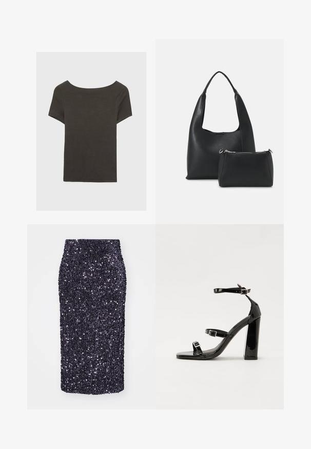 Temno siva kratka majica s čolnasto izrezom. Narejena iz rebraste tkanine, ki ima sproščen kroj in čist rob. Preprost dizajn, brez vzorcev.; Lilašku revno krilo z oblikovanim krojem. Gladka tekstura, do kolen, popolnoma okrašeno z majhnimi, odsevnimi bleščicami.; Črne lakirane sandale s peto, kvadratnim prstom, trakovi okrog gležnja in srebrnimi zaponkami. Opremljene so s stabilno Debelo peto.; Even&Odd Torbica - black