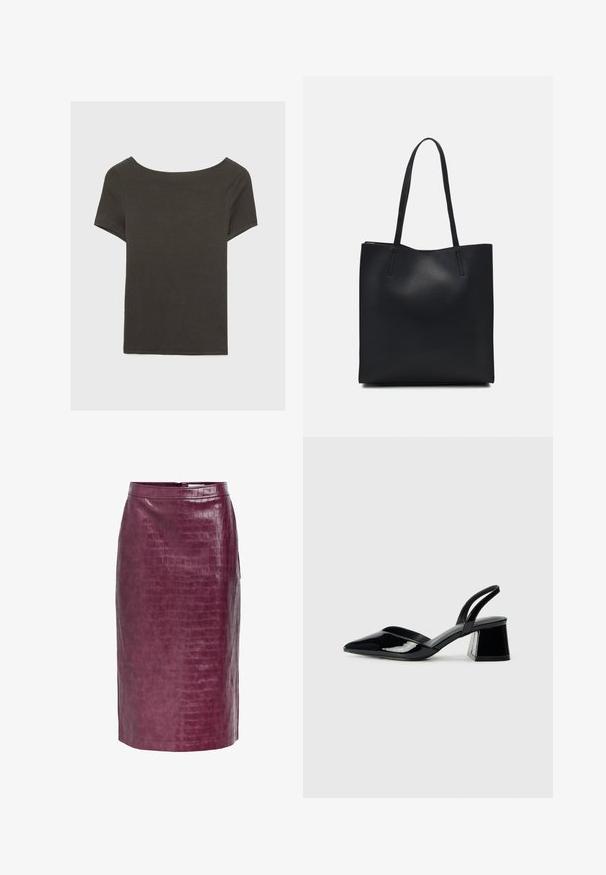 Dark grey short-sleeve top with a boat neckline. Made from ribbed fabric, featuring a relaxed fit and clean hemline. Simple design, no patterns.; Burgundy faux leather pencil skirt with an alligator texture, featuring a back zip closure and side slits for ease of movement.; Black patent leather slingback heels with a pointed toe and a geometric block heel. Features a sleek, minimal design and smooth texture.; Black leather tote bag with smooth texture, rectangular shape, and two long handles. No visible hardware or embellishments.