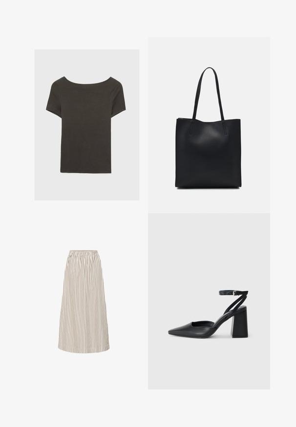 Tummanharmaa lyhythihainen paita, jossa on venepääntie. Valmistettu ribbikankaasta, jossa on rento istuvuus ja siisti helmaviimeistely. Yksinkertainen muotoilu, ilman kuvioita.; Kevyt A-linjainen midi-hame vaaleassa sävyssä, jossa on ohuita ruskeita pystysuoria raitoja. Varustettu elastisella vyötäröllä ja sileällä, virtaavalla kankaalla.; Mustat nahkakengät, joissa on kapea kärki, nilkkaremmi ja paksu korko. Tasainen pinta, tyylikäs muotoilu ja minimalistinen estetiikka.; Mustapahkainen kangaskassi, jossa on sileä pinta, suorakaiteen muotoinen ja kaksi pitkää kahvaa. Ei näkyvää metalliosaa tai koristeita.