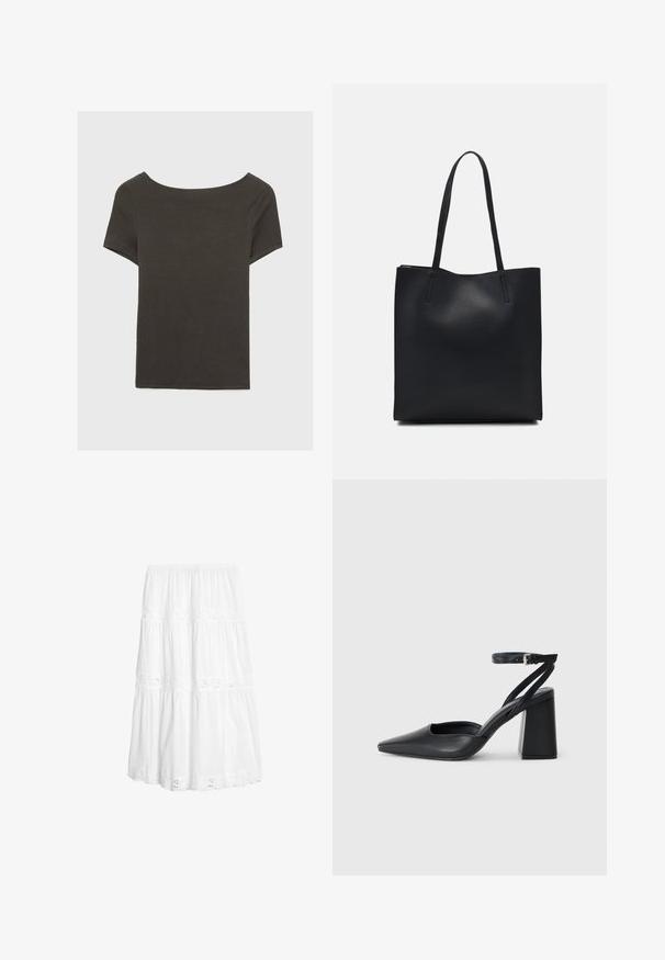 Haut à manches courtes gris foncé avec un col bateau. Fabriqué en tissu côtelé, il présente une coupe décontractée et un ourlet propre. Design simple, sans motifs.; Jupe blanche en tissu léger, à volants. Présente des accents en dentelle et une taille élastique. Design fluide avec une coupe mi-longue.; Escarpin noir en cuir à bout pointu avec une bride de cheville et un talon épais. Texture lisse, design élégant et esthétique minimaliste.; Sac fourre-tout en cuir noir avec une texture lisse, de forme rectangulaire et deux longues poignées. Pas de matériel ou d'ornementations visibles.