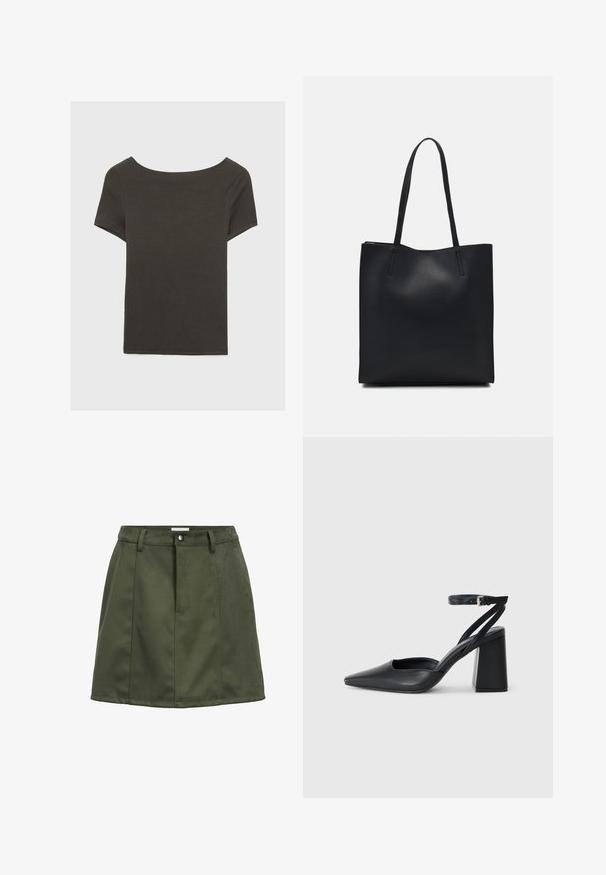 Haut à manches courtes gris foncé avec un col bateau. Fabriqué en tissu côtelé, il présente une coupe décontractée et un ourlet propre. Design simple, sans motifs.; Mini-jupe en daim vert foncé avec des passants de ceinture, un bouton avant et des détails de couture.; Escarpin noir en cuir à bout pointu avec une bride de cheville et un talon épais. Texture lisse, design élégant et esthétique minimaliste.; Sac fourre-tout en cuir noir avec une texture lisse, de forme rectangulaire et deux longues poignées. Pas de matériel ou d'ornementations visibles.