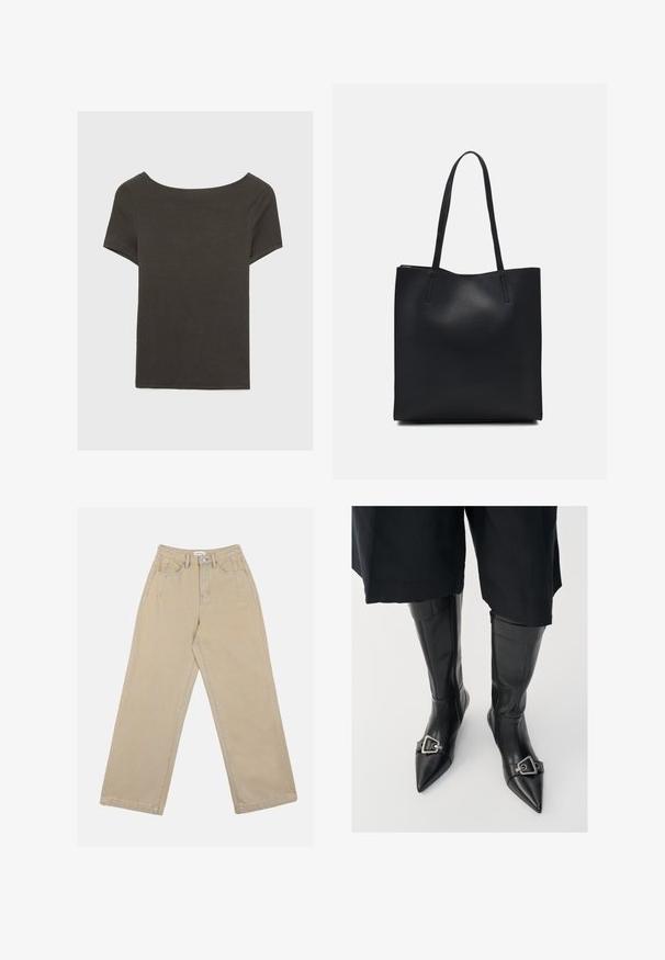 Mørkegrå kortærmet top med bådudskæring. Lavet af ribbet stof, med en afslappet pasform og en ren kant. Enkelt design, ingen mønstre.; Beige vidde benbukser lavet af denim, med høj talje, frontlommer og kontrast søm. Designet inkluderer en knaplukning.; Sorte læder knæhøje støvler med spidse tæer og sølv spændeaccent. Har en lynlås på indersiden og en glat tekstur.; Sort læder tote taske med glat tekstur, rektangulær form og to lange hanke. Ingen synlig hardware eller udsmykninger.