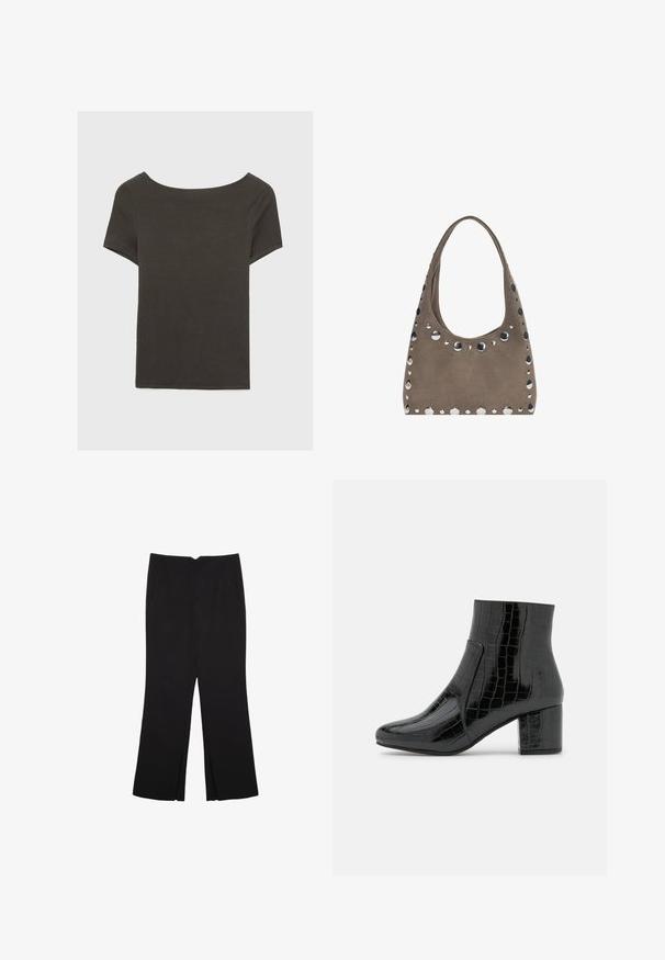 Top corto grigio scuro con scollatura a barca. Realizzato in tessuto a costine, presenta una vestibilità rilassata e un orlo pulito. Design semplice, senza motivi.; Pantaloni neri a gamba dritta, con tasche frontali e spacchi laterali all'orlo. Realizzati in tessuto morbido e liscio. Adatti a diverse occasioni.; Stivale alla caviglia nero con texture coccodrillo, punta affilata e tacco largo. Realizzato in materiale lucido, presenta un design elegante.; PULL&BEAR SHOPPER - Shopping bag - grey