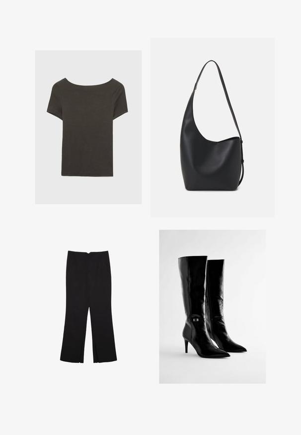 Haut à manches courtes gris foncé avec un col bateau. Fabriqué en tissu côtelé, il présente une coupe décontractée et un ourlet propre. Design simple, sans motifs.; Pantalon noir avec une coupe droite, doté de poches avant et d'éclairs sur l'ourlet. Fabriqué en tissu doux et lisse. Convient à diverses occasions.; Bottes noires montantes en cuir brillant, dotées de bouts pointus et d'un talon slim et haut. Comprend un accent métallique subtil sur le côté.; Sac hobo en cuir noir avec une texture lisse, une forme incurvée et une seule sangle réglable ; dispose d'une large ouverture en haut.