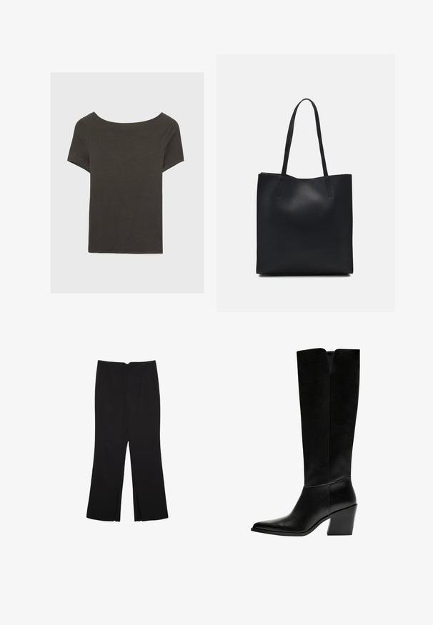 Czarna szara bluzka z krótkim rękawem i dekoltem w kształcie łódki. Wykonana z prążkowanej tkaniny, ma luźny krój i czyste wykończenie. Prosty design, bez wzorów.; Czarne spodnie o prostym kroju, z przednimi kieszeniami i bocznymi rozcięciami na dole. Wykonane z miękkiego, gładkiego materiału. Odpowiednie na różne okazje.; Czarne kozaki do kolan wykonane z gładkiej skóry, z ostro zakończonym noskiem, blokowym obcasem i wycięciem w kształcie litery V na górze.; Czarna skórzana torba tote o gładkiej fakturze, prostokątnym kształcie i dwóch długich uchwytach. Brak widocznych elementów metalowych i ozdób.