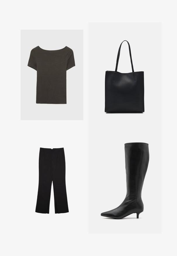 Top corto grigio scuro con scollatura a barca. Realizzato in tessuto a costine, presenta una vestibilità rilassata e un orlo pulito. Design semplice, senza motivi.; Pantaloni neri a gamba dritta, con tasche frontali e spacchi laterali all'orlo. Realizzati in tessuto morbido e liscio. Adatti a diverse occasioni.; RAID ALPINE - Stivali alti - black; Borsa tote in pelle nera con texture liscia, forma rettangolare e due manici lunghi. Nessun hardware o decorazione visibile.