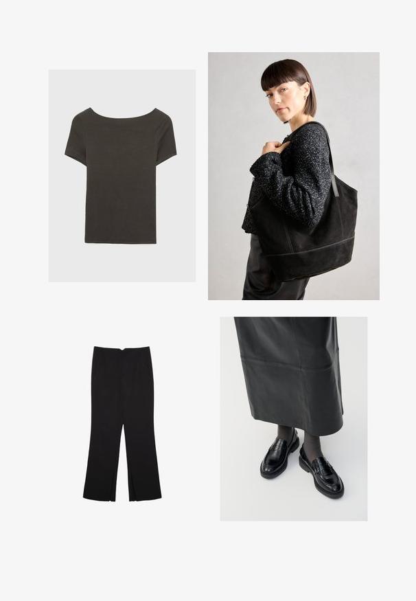 Donkergrijze top met korte mouwen en een bootnek. Gemaakt van ribbelstof, met een relaxte pasvorm en een nette zoom. Eenvoudig ontwerp, geen patronen.; Zwarte broek met een rechte pasvorm, voorzien van zijzakken en plooien aan de onderzijde. Gemaakt van zachte, gladde stof. Geschikt voor verschillende gelegenheden.; Zwarte leren loafers met een gladde afwerking, voorzien van een decoratieve band, ronde neus en gestructureerde zool. Draagt met een lange zwarte leren rok.; Zwarte suede schoudertas met een gladde textuur, gestructureerde vorm en contrasterende stiksels. Voorzien van lange hengsels voor schouderdraag.
