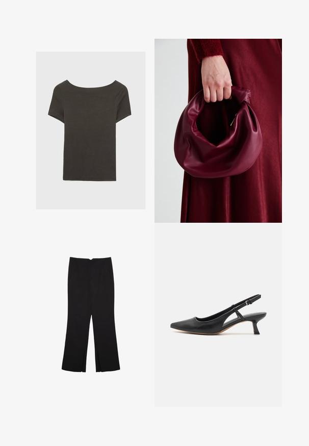 Dunkelgraues Kurzarmoberteil mit Bootsausschnitt. Hergestellt aus geripptem Stoff, mit lockerer Passform und sauberem Saum. Einfaches Design, ohne Muster.; Schwarze Hose mit geradem Schnitt, ausgestattet mit Fronttaschen und Seitenschlitzen am Saum. Hergestellt aus weichem, glattem Stoff. Geeignet für verschiedene Anlässe.; Schwarzer Leder-Slingback-Schuh mit spitzem Zehenbereich, niedrigem Blockabsatz, ausgeschnittenem Seitendetail und verstellbarem Knöchelriemen. Glatte Textur über das gesamte Design.; Burgunderleder-Handtasche mit einem weichen, gerafften Design und einer gerundeten Form. Der Griff ist gesichert und zeigt eine glatte Textur.