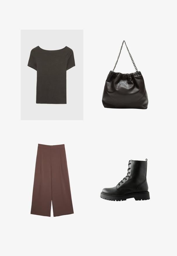 Top corto grigio scuro con scollatura a barca. Realizzato in tessuto a costine, presenta una vestibilità rilassata e un orlo pulito. Design semplice, senza motivi.; Pantaloni ampi marroni con una texture liscia, caratterizzati da una vita alta e pieghe frontali. Il tessuto è leggero e scorre liberamente.; Stivale alla caviglia in pelle nera con una finitura testurizzata, sei occhielli in metallo e chiusura con lacci. Suola in gomma spessa con un leggero motivo di tassellatura.; Borsa in pelle marrone con parte superiore arricciata e tracolla a catena. Texture liscia con finitura lucida e dettagli di cucitura sottili sui lati.