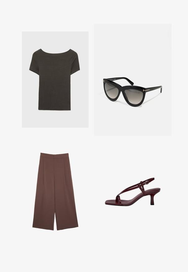 Tmavošedý top s krátkym rukávom a lodičkovým výstrihom. Vyrobený z rebrovanej látky, s voľným strihom a čistým lemovaním. Jednoduchý dizajn, bez vzorov.; Hnedé nohavice so širokými nohavicami a hladkou textúrou, s vysokým pásom a prednými skladmi. Tkanina je ľahká a voľne sa pohybuje.; Burgundské sandále na vysokom opätku štvorcového tvaru, s jemnými popruhmi a zapínaním na členku. Hladká kožená textúra a štíhly blokový opätok.; Tom Ford DORIS - Slnečné okuliare - shiny black/gradient smoke