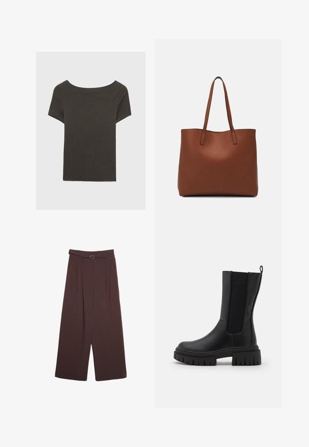 Tmavošedý top s krátkym rukávom a lodičkovým výstrihom. Vyrobený z rebrovanej látky, s voľným strihom a čistým lemovaním. Jednoduchý dizajn, bez vzorov.; Stradivarius WIDE-LEG WITH BUCKLE DETAIL - Nohavice - dark brown; Čierne kožené členkové čižmy s textúrovaným povrchom, elastickými bočnými panelmi a hrubou, drsnou podrážkou pre lepšiu priľnavosť.; Hnedá kožená taška na rameno s hladkou textúrou, otvoreným vrchom a dvoma ramenými popruhmi. Má minimálne šitia a žiadne viditeľné kovania.