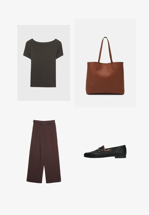 Dark grey short-sleeve top with a boat neckline. Made from ribbed fabric, featuring a relaxed fit and clean hemline. Simple design, no patterns.; Stradivarius WIDE-LEG WITH BUCKLE DETAIL - Trousers - dark brown; Manfield Slip-ons - schwarz; Brown leather tote bag with a smooth texture, open top design, and two shoulder straps. Features minimal stitching and no visible hardware.