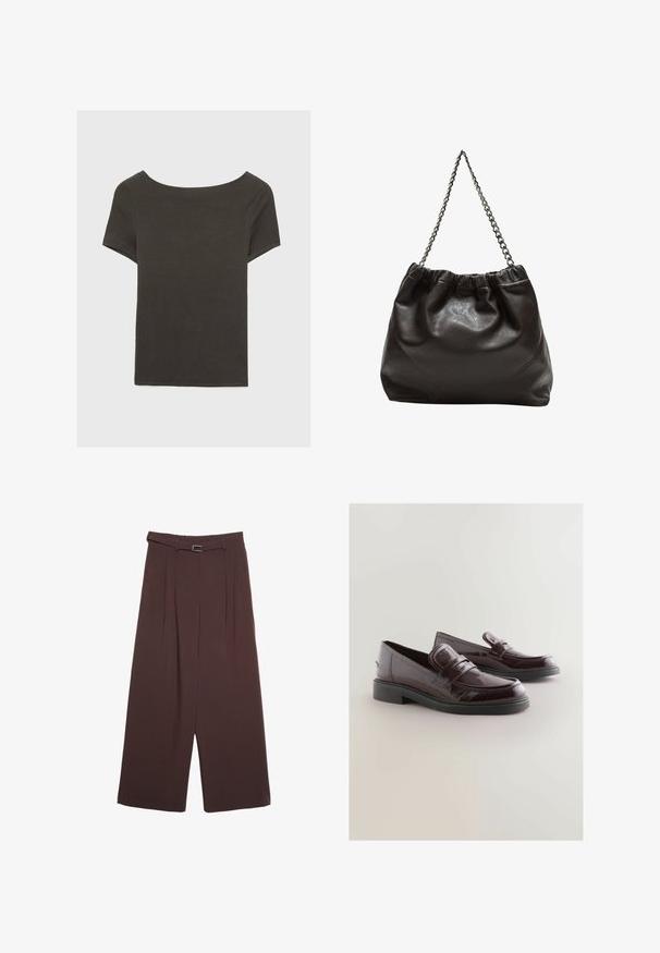 Donkergrijze top met korte mouwen en een bootnek. Gemaakt van ribbelstof, met een relaxte pasvorm en een nette zoom. Eenvoudig ontwerp, geen patronen.; Stradivarius WIDE-LEG WITH BUCKLE DETAIL - Broek - dark brown; Bordeaux gepatineerde leren instappers met een ronde neus, gewatteerde binnenzool en een zwarte rubberen zool. Heeft een decoratieve band aan de voorkant.; Bruine leren tas met een geplooide bovenkant en een kettinghengsel. Glad textuur met een glanzende afwerking en subtiele naaddetails aan de zijkanten.