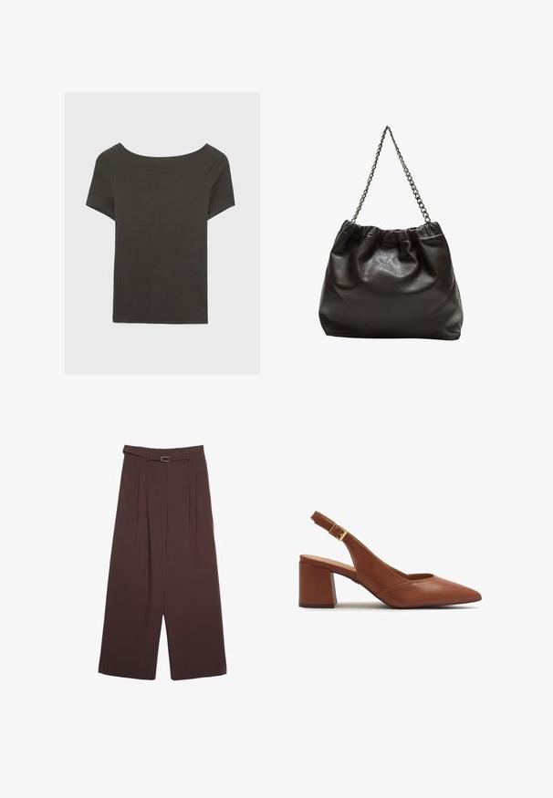 Temno siva kratka majica s čolnasto izrezom. Narejena iz rebraste tkanine, ki ima sproščen kroj in čist rob. Preprost dizajn, brez vzorcev.; Stradivarius WIDE-LEG WITH BUCKLE DETAIL - Hlače - dark brown; Rjave usnjene slingback pete s konicami, blok peto in nastavljivim trakom z zlatim zaponko.; Rjava usnjena torba z nabranim vrhom in verižnim trakom. Gladka tekstura z sijajno površino in subtilnimi šivi na straneh.