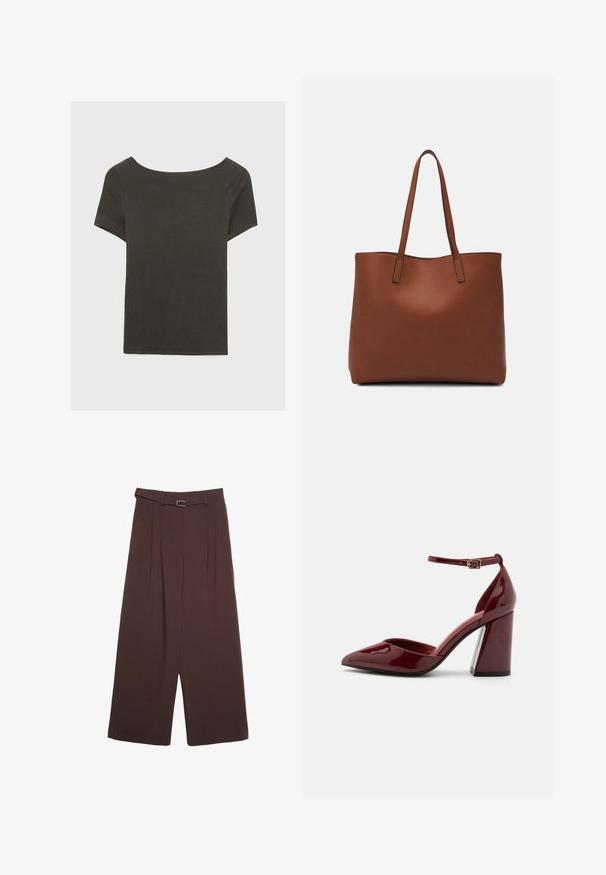 Mörkgrå kortärmad topp med båthals. Tillverkad av ribbad tyg, med avslappnad passform och ren fåll. Enkelt design, inga mönster.; Stradivarius WIDE-LEG WITH BUCKLE DETAIL  - Tygbyxor - dark brown; Burgundy lackläder högklackad pumpsko med spetsig tå, ankelrem och kraftig klack. Slät yta och elegant design.; Brun läder tote-väska med en slät textur, öppen toppdesign och två axelremmar. Har minimal söm och ingen synlig metalldetalj.