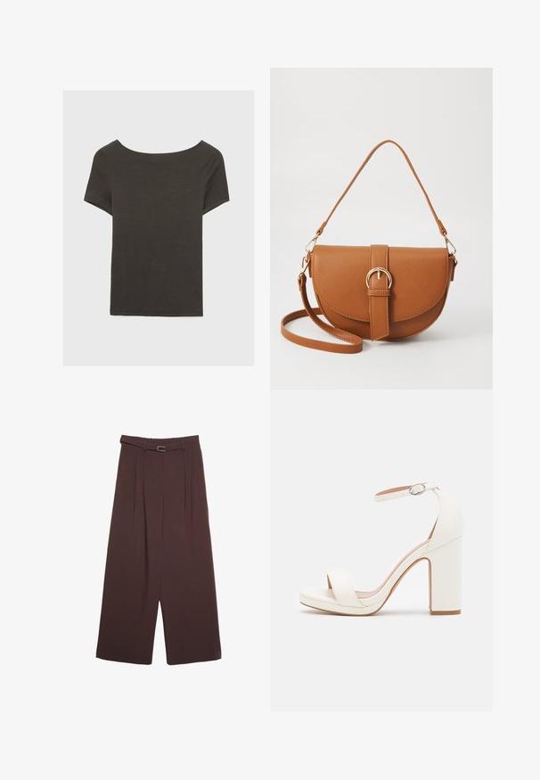 Tmavě šedý top s krátkým rukávem a lodičkovým výstřihem. Vyrobený z ribovaného materiálu, s volnějším střihem a čistým lemem. Jednoduchý design, bez vzorů.; Stradivarius WIDE-LEG WITH BUCKLE DETAIL - Kalhoty - dark brown; Bílé společenské sandály na vysokém podpatku s páskem na kotníku, minimalistický design, otevřená špička, blokový podpatek a hladká kožená textura.; Hnědá kožená křížová taška s zakřiveným tvarem, zlatými detaily a akcentem s přezkou. Obsahuje odnímatelný popruh na rameno.