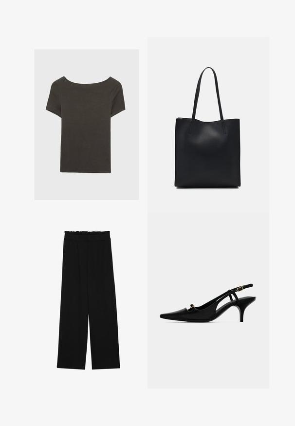 Mørkegrå kortærmet top med bådudskæring. Lavet af ribbet stof, med en afslappet pasform og en ren kant. Enkelt design, ingen mønstre.; Sorte brede bukser med en rynket talje, der har to sidelommer og et glat, let stof. Ingen synlige mønstre eller hardware.; Sorte spidse slingback-pumper med lav bøjet hæl og lille guldfarvet spænde på forreste rem og ankelrem.; Sort læder tote taske med glat tekstur, rektangulær form og to lange hanke. Ingen synlig hardware eller udsmykninger.
