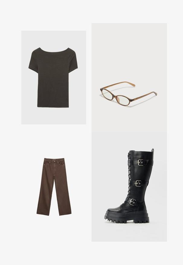 Tummanharmaa lyhythihainen paita, jossa on venepääntie. Valmistettu ribbikankaasta, jossa on rento istuvuus ja siisti helmaviimeistely. Yksinkertainen muotoilu, ilman kuvioita.; Leviittävät ruskeat farkut, jotka on valmistettu denimistä, korkea vyötärö, etutaskut ja klassinen nappikiinnitys. Silkkinen pinta hienovaraisella ompelutyöllä.; Korkeat mustat nahkakampajalkineet, joissa on paksu urasolu, kolme säädettävää solkea ja etuosan nauhoitus yksinkertaista taustaa vasten.; Ruskeat kilpikonnaruutulasiset silmälasit, joissa ovaalit linssit, ohuet varret ja läpinäkyvät yksityiskohdat. Temppeleissä on huomaamaton logo. Suunnittelultaan suora ja kevyt.; Ruskea nahkainen laukku, jossa on kerätty yläosa ja ketjuhihna. Tasainen pinta, jossa kiiltävä viimeistely ja hienovaraiset sauman yksityiskohdat sivuilla.