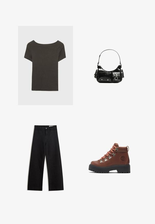 Top corto grigio scuro con scollatura a barca. Realizzato in tessuto a costine, presenta una vestibilità rilassata e un orlo pulito. Design semplice, senza motivi.; Pantaloni in denim neri a gamba larga con vita alta, dotati di tasche anteriori e posteriori, cuciture a punto, e chiusura con bottone. Texture liscia.; Stivale da trekking in pelle marrone con lacci arancioni, occhielli metallici e suola in gomma. Presenta una superficie testurizzata e un logo sul lato.; Borsa a spalla in vernice nera con forma curvata, una tracolla, tasche frontali e dettagli in metallo argentato.