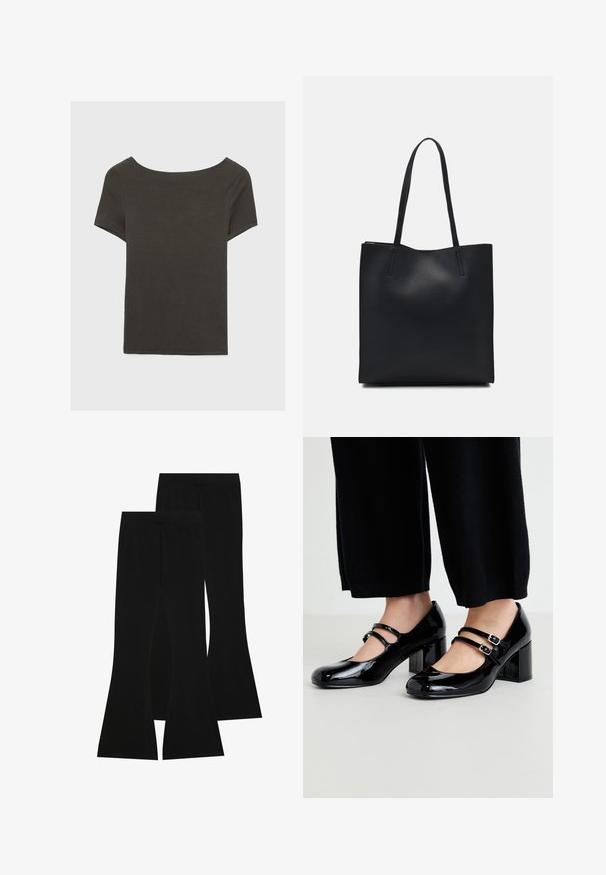 Tummanharmaa lyhythihainen paita, jossa on venepääntie. Valmistettu ribbikankaasta, jossa on rento istuvuus ja siisti helmaviimeistely. Yksinkertainen muotoilu, ilman kuvioita.; Housut mustat leveälahkeiset joustavasta kankaasta, joissa on korkea vyötärö ja sileä pinta, tiukka malli, joka levenee polvesta.; Musta kiiltonahkainen Mary Jane -kenkä, jossa on kaksi säädettävää hihnaa, neliönmuotoinen kärki ja paksu korko, asetettuna vaalealle pinnalle.; Mustapahkainen kangaskassi, jossa on sileä pinta, suorakaiteen muotoinen ja kaksi pitkää kahvaa. Ei näkyvää metalliosaa tai koristeita.