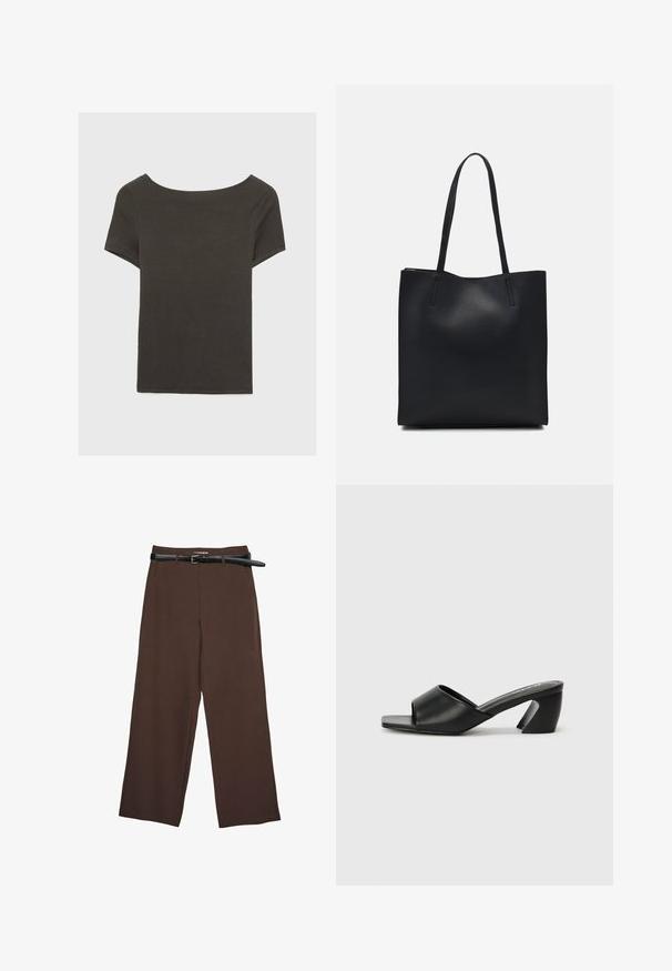 Tamno sivi kratki rukav s izrezom u obliku čamca. Izrađen od rebrastog materijala, s opuštenim krojem i ravnim rubom. Jednostavan dizajn, bez uzoraka.; Smeđe hlače širokih nogavica glatke teksture, s crnim remenom i krojenim pojasom, koje pružaju strukturirani kroj.; Crne sandale s potpeticom koje imaju glatki gornji dio od umjetne kože, otvoreni dizajn na prstima i karakterističnu kutnu potpeticu. Minimalistička podloga u kvadratnom obliku.; Crna kožna torba za nošenje s glatkom teksturom, pravokutnim oblikom i dvije duge ručke. Nema vidljivih metalnih dijelova ili ukrasa.