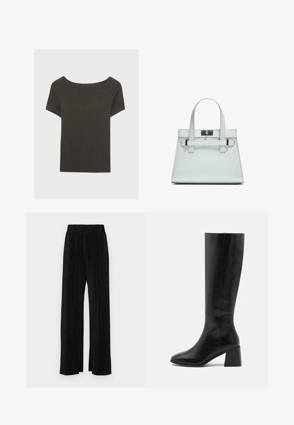 Tummanharmaa lyhythihainen paita, jossa on venepääntie. Valmistettu ribbikankaasta, jossa on rento istuvuus ja siisti helmaviimeistely. Yksinkertainen muotoilu, ilman kuvioita.; Mustat pleatatut housut, joissa on joustava vyötärö. Ominaisuuksiin kuuluvat leveät lahkeet ja sileä, teksturoitu kangas, jossa on pystysuoria raitoja.; ONLY SHOES ONLBIJOU KNEE HIGH BOOT - Saappaat - black; Vaaleansininen käsilaukku, jossa on jämäkkä muotoilu, kaksi kahvaa ja hopeanvärinen kiinnitys. Pinta on teksturoitu ja kulmat terävät.