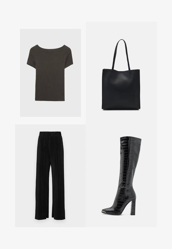 Czarna szara bluzka z krótkim rękawem i dekoltem w kształcie łódki. Wykonana z prążkowanej tkaniny, ma luźny krój i czyste wykończenie. Prosty design, bez wzorów.; Czarne spodnie plisowane z elastycznym paskiem w talii. Posiadają szerokie nogawki oraz gładki, teksturowany materiał z pionowymi paskami.; RAID JOCELYN czarny; Czarna skórzana torba tote o gładkiej fakturze, prostokątnym kształcie i dwóch długich uchwytach. Brak widocznych elementów metalowych i ozdób.