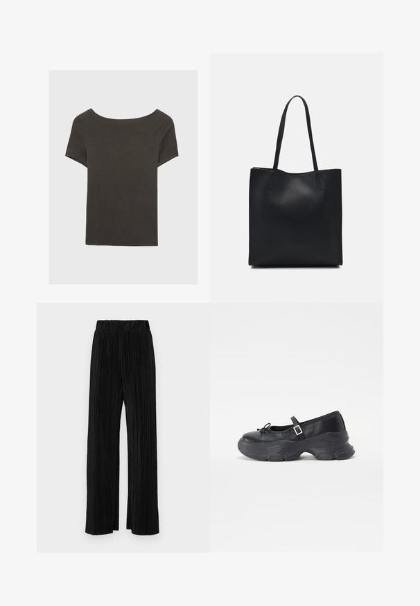 Dunkelgraues Kurzarmoberteil mit Bootsausschnitt. Hergestellt aus geripptem Stoff, mit lockerer Passform und sauberem Saum. Einfaches Design, ohne Muster.; Schwarze plissierte Hose mit elastischem Bund. Verfügt über weite Hosenbeine und einen glatten, strukturierten Stoff mit vertikalen Streifen.; Schwarze Leder-Mary-Jane-Schuhe mit einer abgerundeten Zehenpartie, Schleifendetail und verstellbarem Knöchelriemen. Mit einer stabilen Gummisohle mit geschwungenen Akzenten.; Schwarze Laptoptasche aus Leder mit glatter Textur, rechteckiger Form und zwei langen Griffen. Keine sichtbaren Beschläge oder Verzierungen.