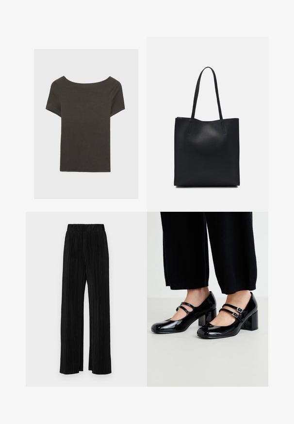 Dunkelgraues Kurzarmoberteil mit Bootsausschnitt. Hergestellt aus geripptem Stoff, mit lockerer Passform und sauberem Saum. Einfaches Design, ohne Muster.; Schwarze plissierte Hose mit elastischem Bund. Verfügt über weite Hosenbeine und einen glatten, strukturierten Stoff mit vertikalen Streifen.; Schwarze Lackleder-Mary-Jane-Schuhe mit zwei verstellbaren Riemen, quadratischer Zehenform und dickem Absatz, auf einer hellen Oberfläche platziert.; Schwarze Laptoptasche aus Leder mit glatter Textur, rechteckiger Form und zwei langen Griffen. Keine sichtbaren Beschläge oder Verzierungen.
